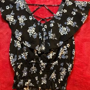 Black blouse blue flowers